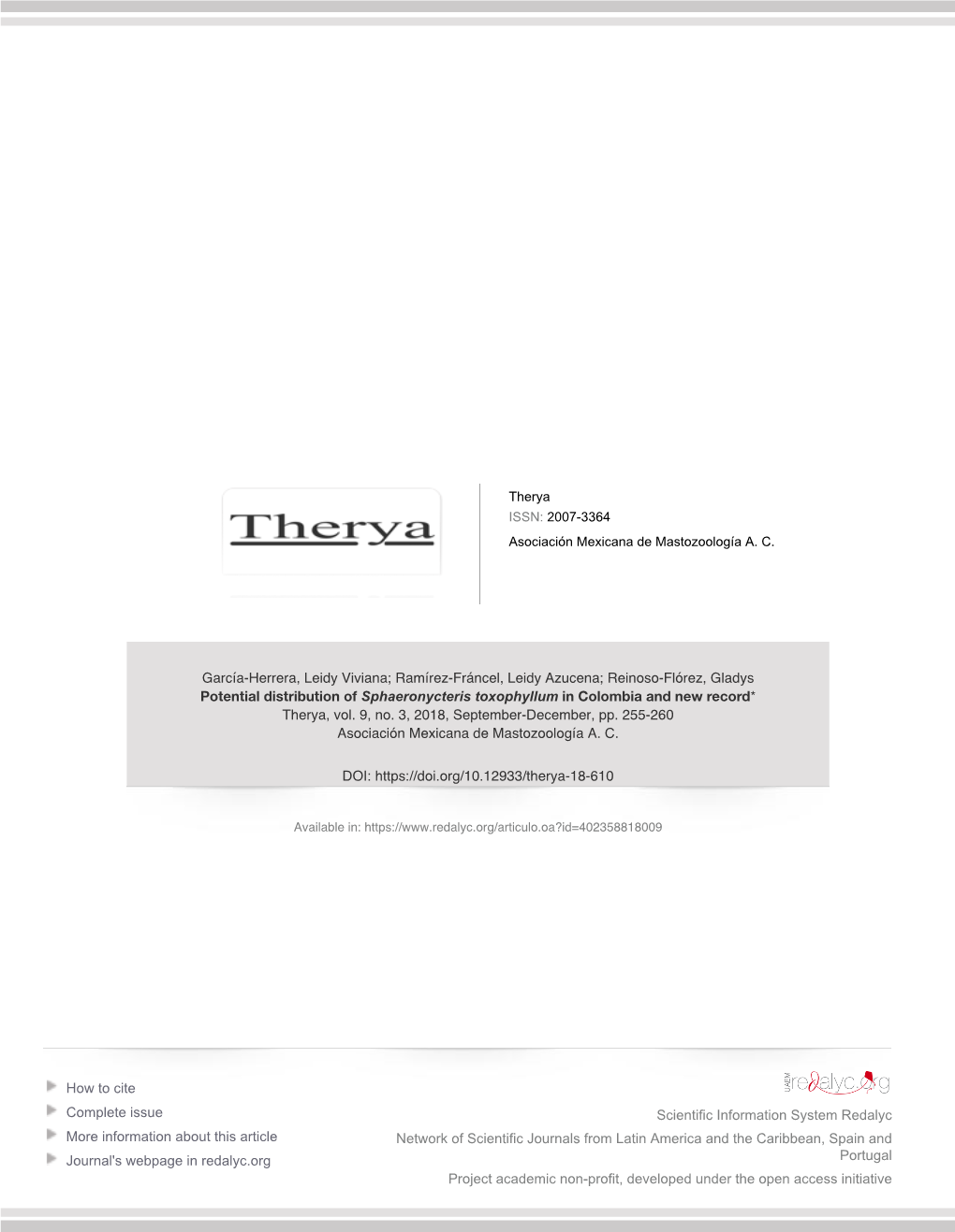 Potential Distribution of Sphaeronycteris Toxophyllum in Colombia and New Record* Therya, Vol