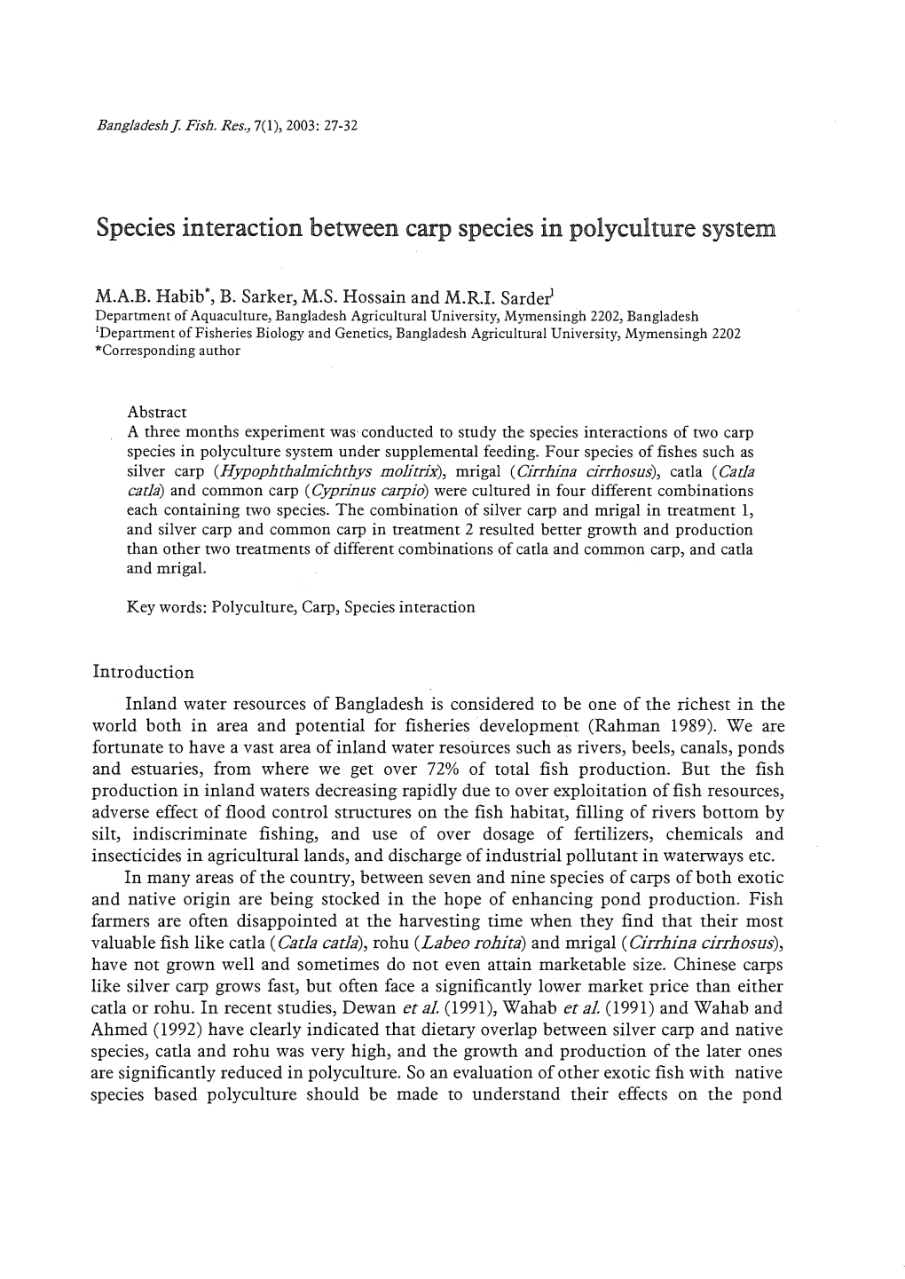 Species Interaction Between Carp Species in Polyculture System