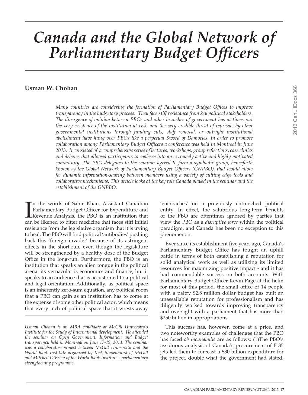 Canada and the Global Network of Parliamentary Budget Officers