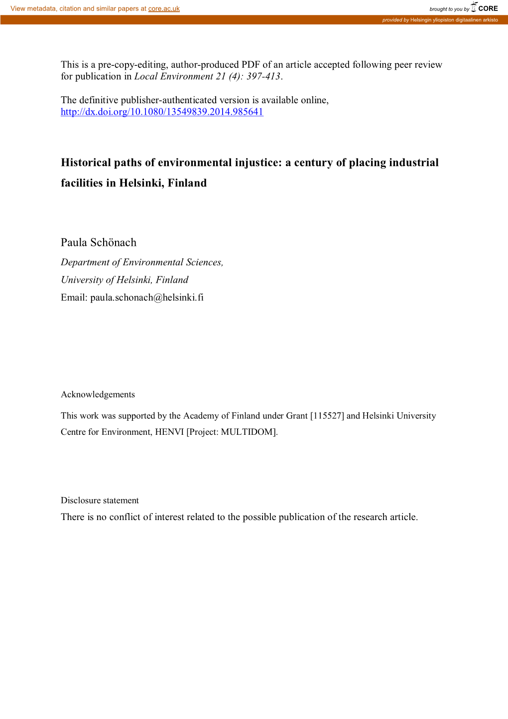 Historical Paths of Environmental Injustice: a Century of Placing Industrial Facilities in Helsinki, Finland