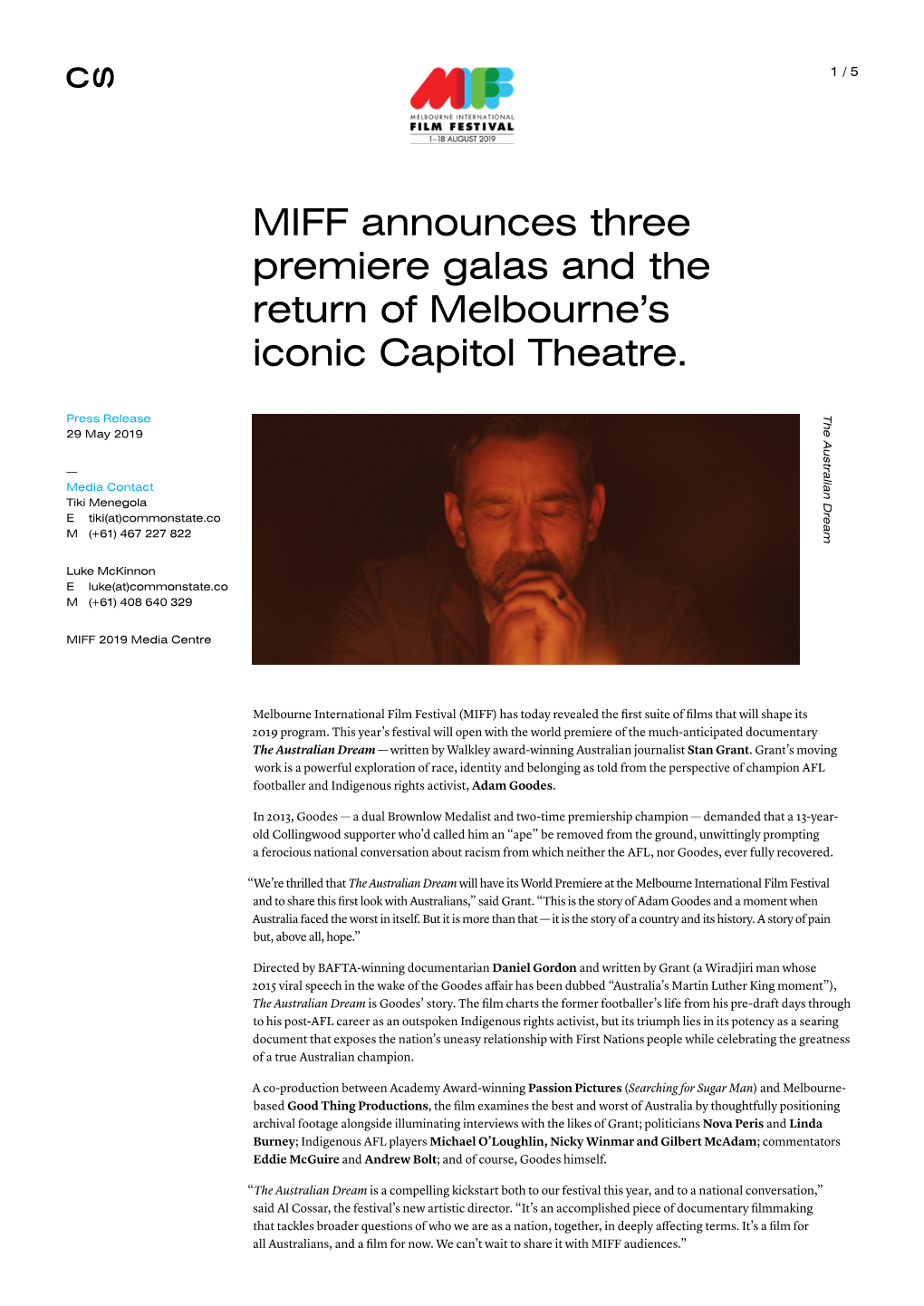 MIFF Announces Premiere Galas and the Return of Capitol Theatre