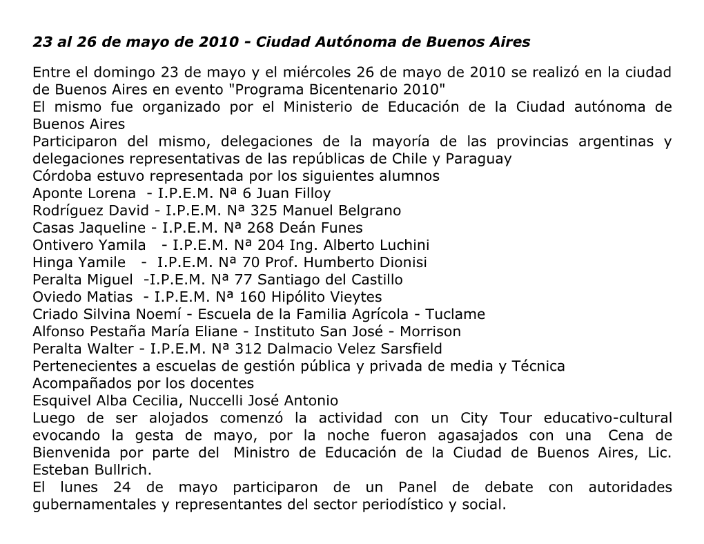 23 Al 26 De Mayo De 2010 - Ciudad Autónoma De Buenos Aires