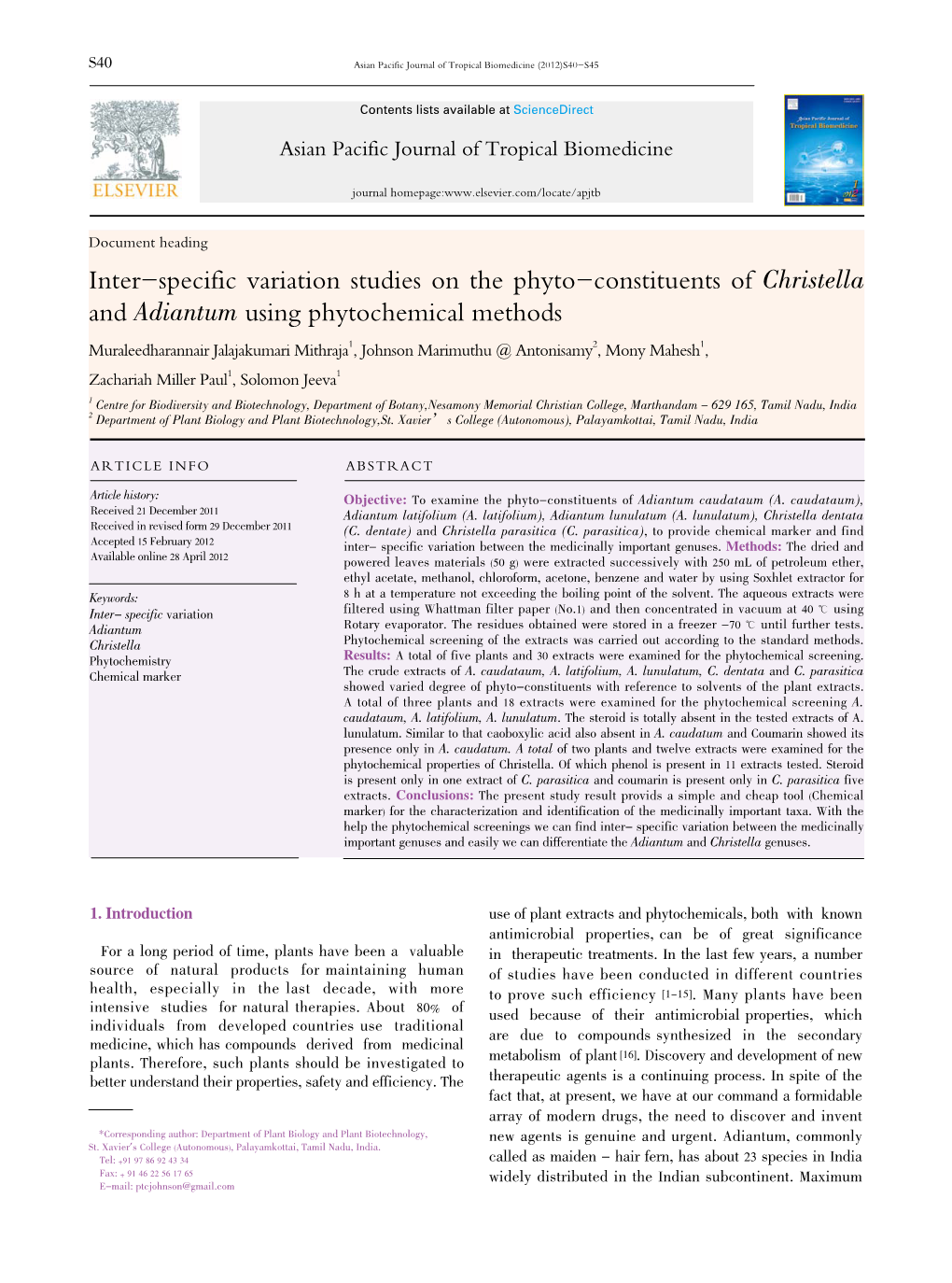 Inter-Specific Variation Studies on the Phyto-Constituents of Christella And