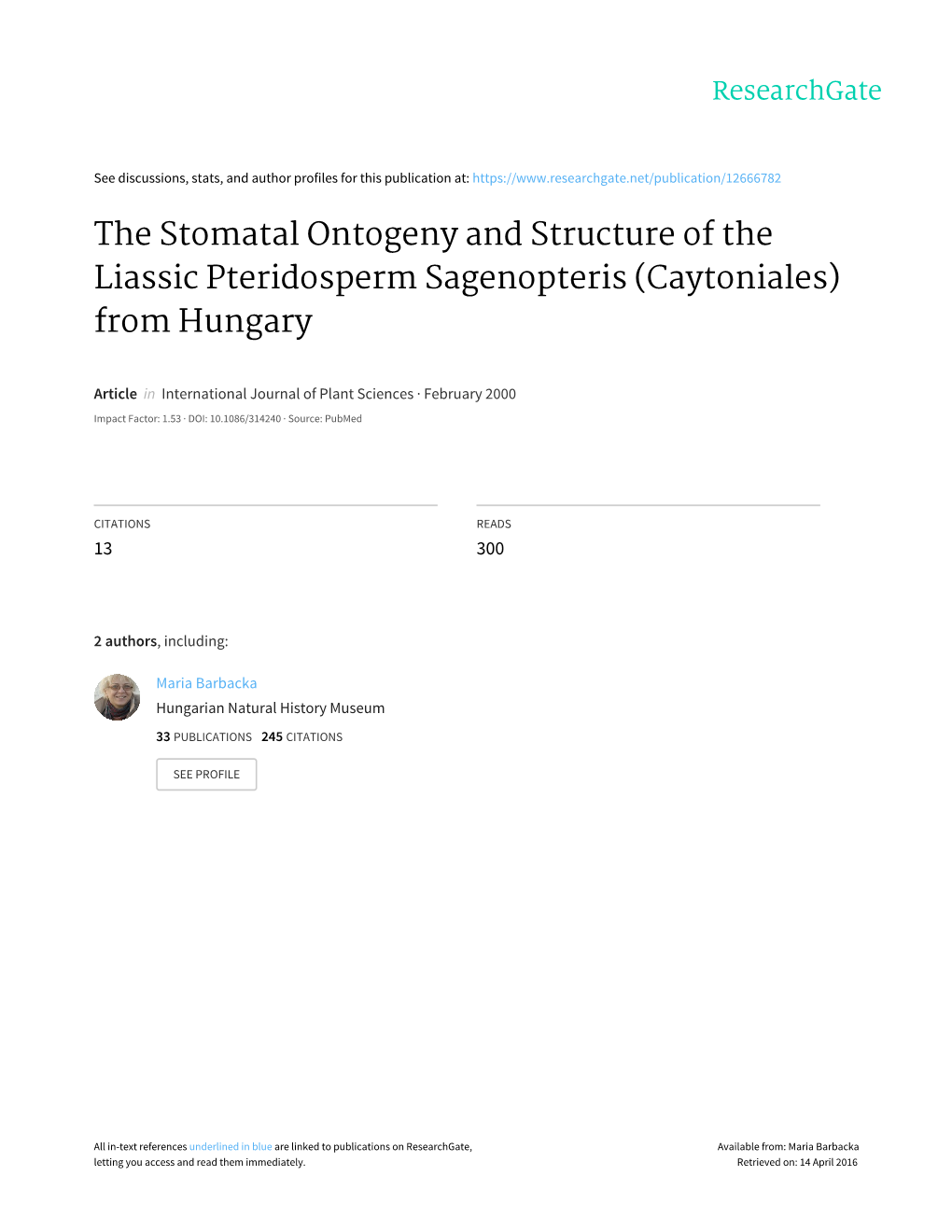 The Stomatal Ontogeny and Structure of the Liassic Pteridosperm Sagenopteris (Caytoniales) from Hungary