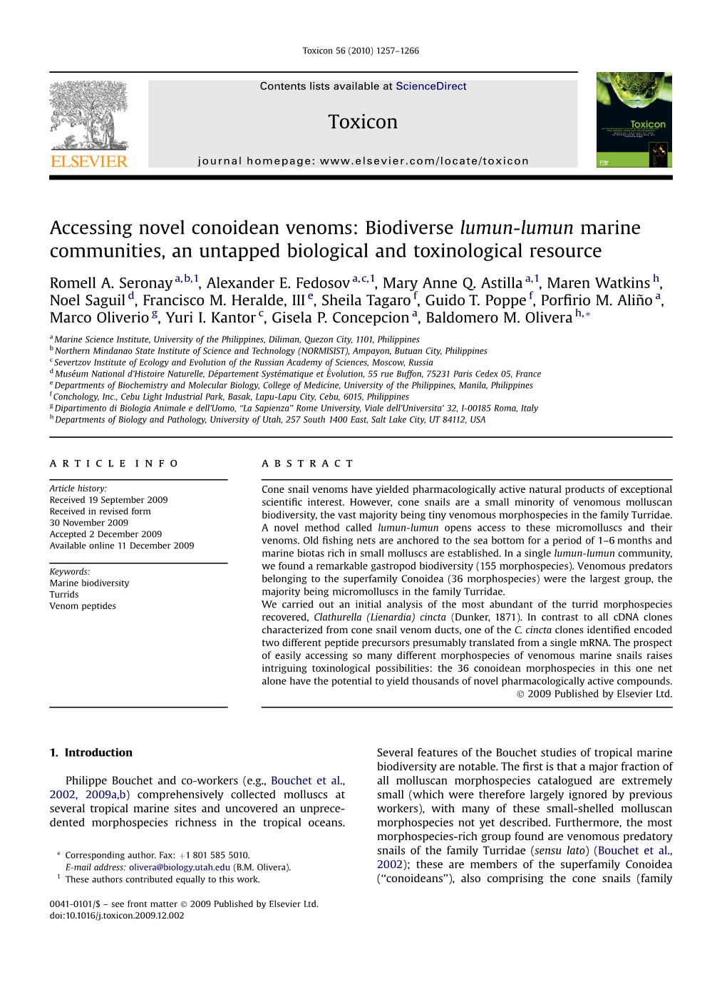 Accessing Novel Conoidean Venoms: Biodiverse Lumun-Lumun Marine Communities, an Untapped Biological and Toxinological Resource