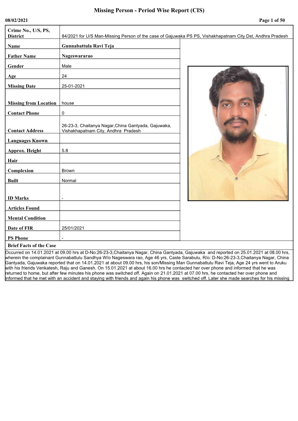 Missing Person - Period Wise Report (CIS) 08/02/2021 Page 1 of 50