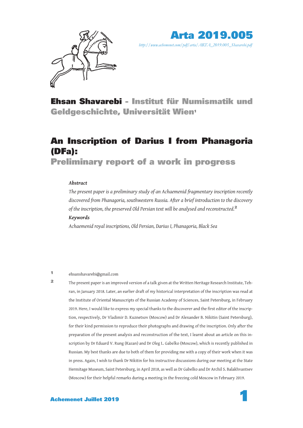 An Inscription of Darius I from Phanagoria (Dfa): Preliminary Report of a Work in Progress