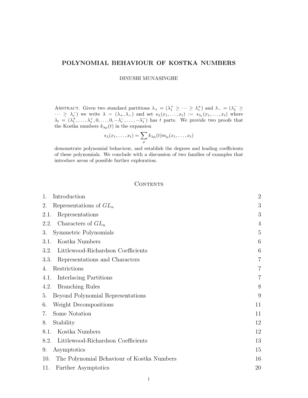 POLYNOMIAL BEHAVIOUR of KOSTKA NUMBERS Contents 1