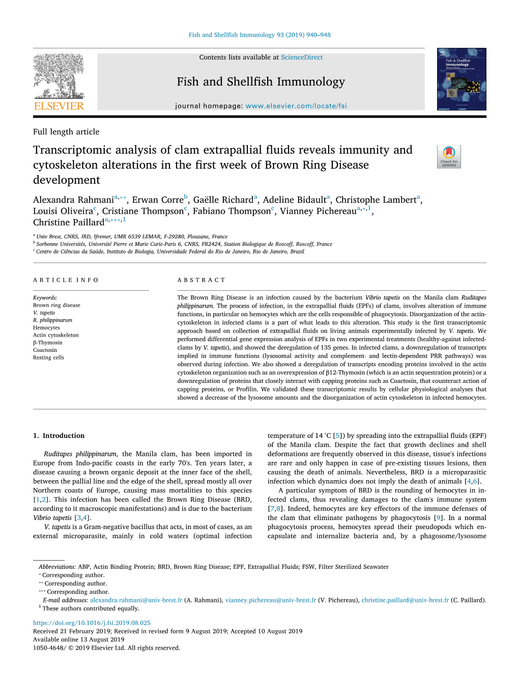 Transcriptomic Analysis of Clam Extrapallial Fluids Reveals Immunity