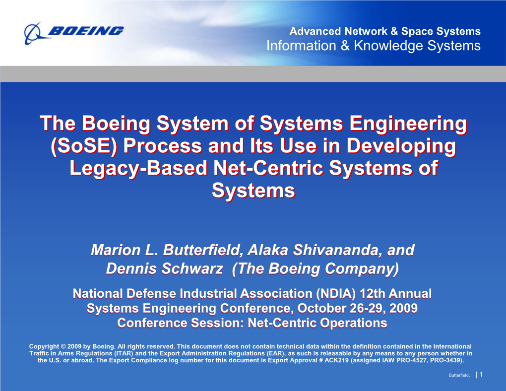 The Boeing System of Systems Engineering (Sose) Process and Its Use in Developing Legacy-Based Net-Centric Systems of Systems