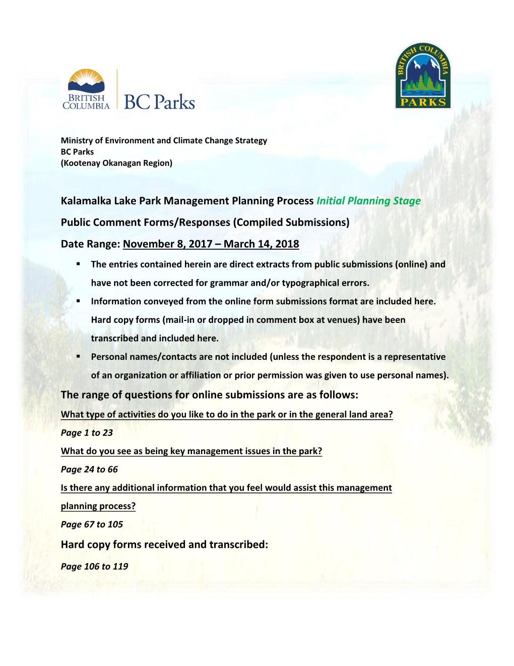 Kalamalka Lake Park Management Planning Process Initial