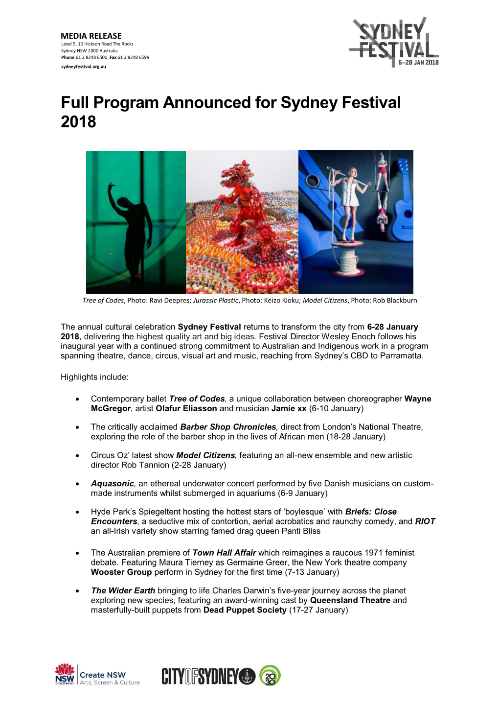 Full Program Announced for Sydney Festival 2018