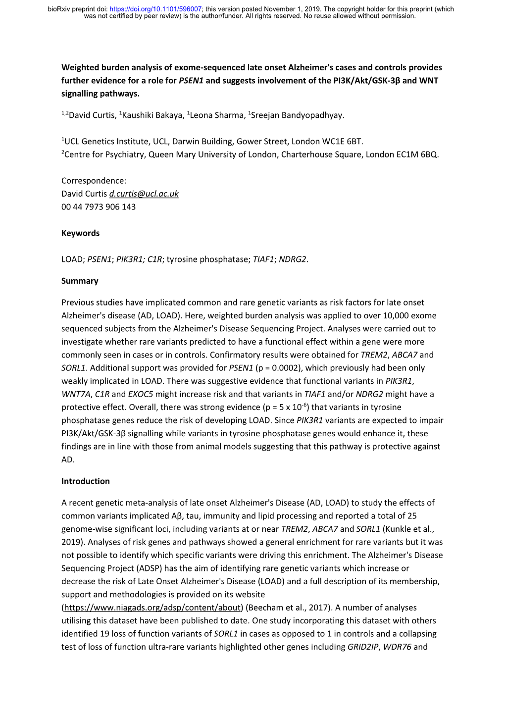 Weighted Burden Analysis of Exome-Sequenced Late