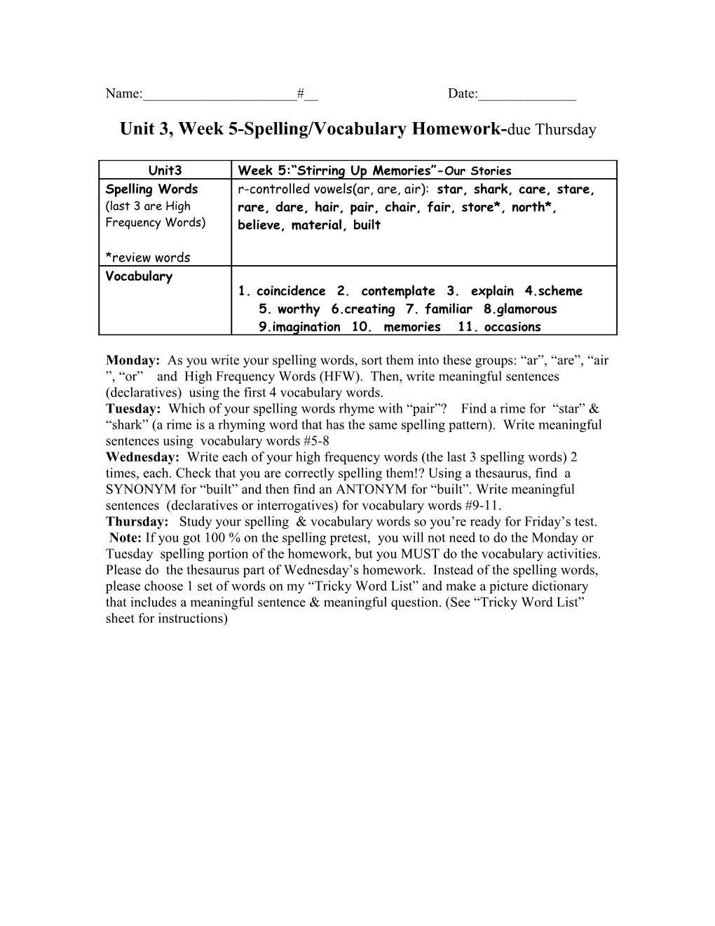 Unit 3, Week 5-Spelling/Vocabulary Homework- Due Thursday