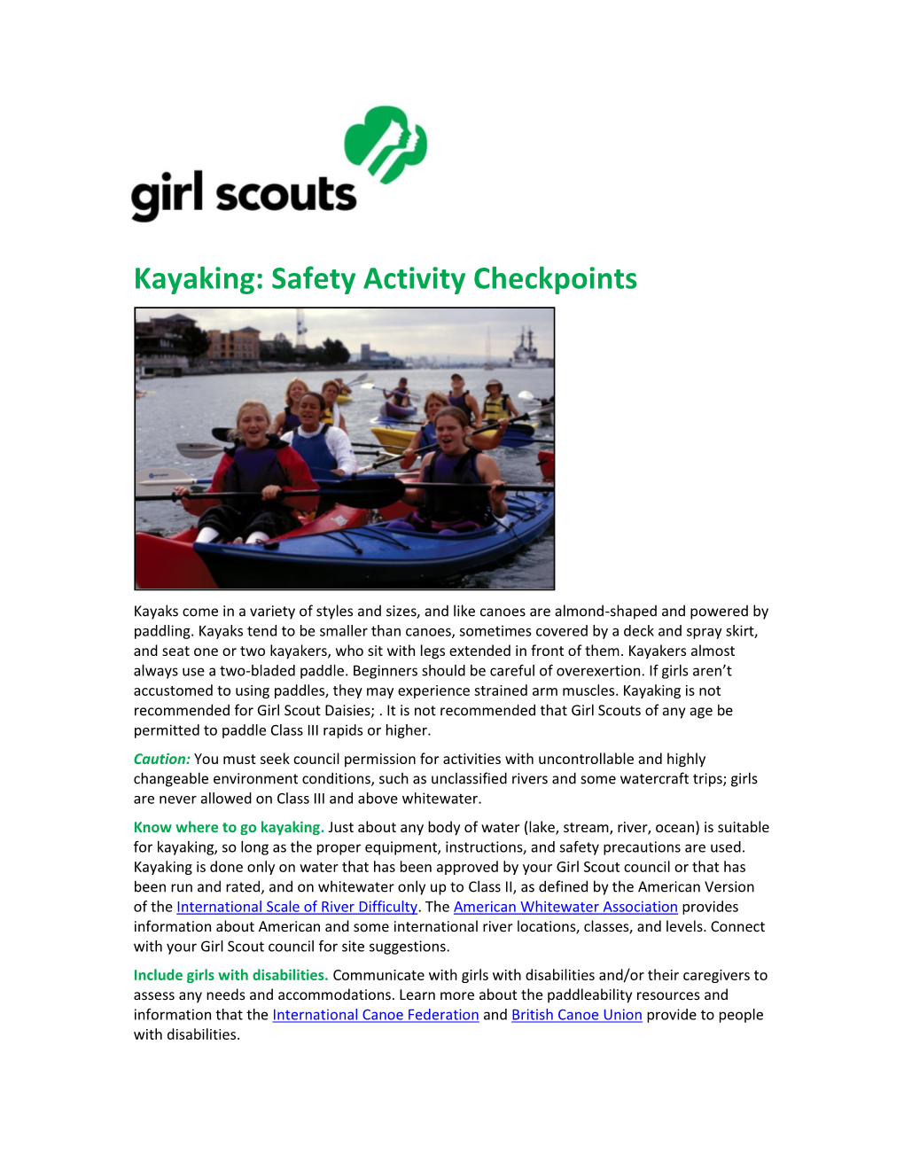 Kayaking: Safety Activity Checkpoints