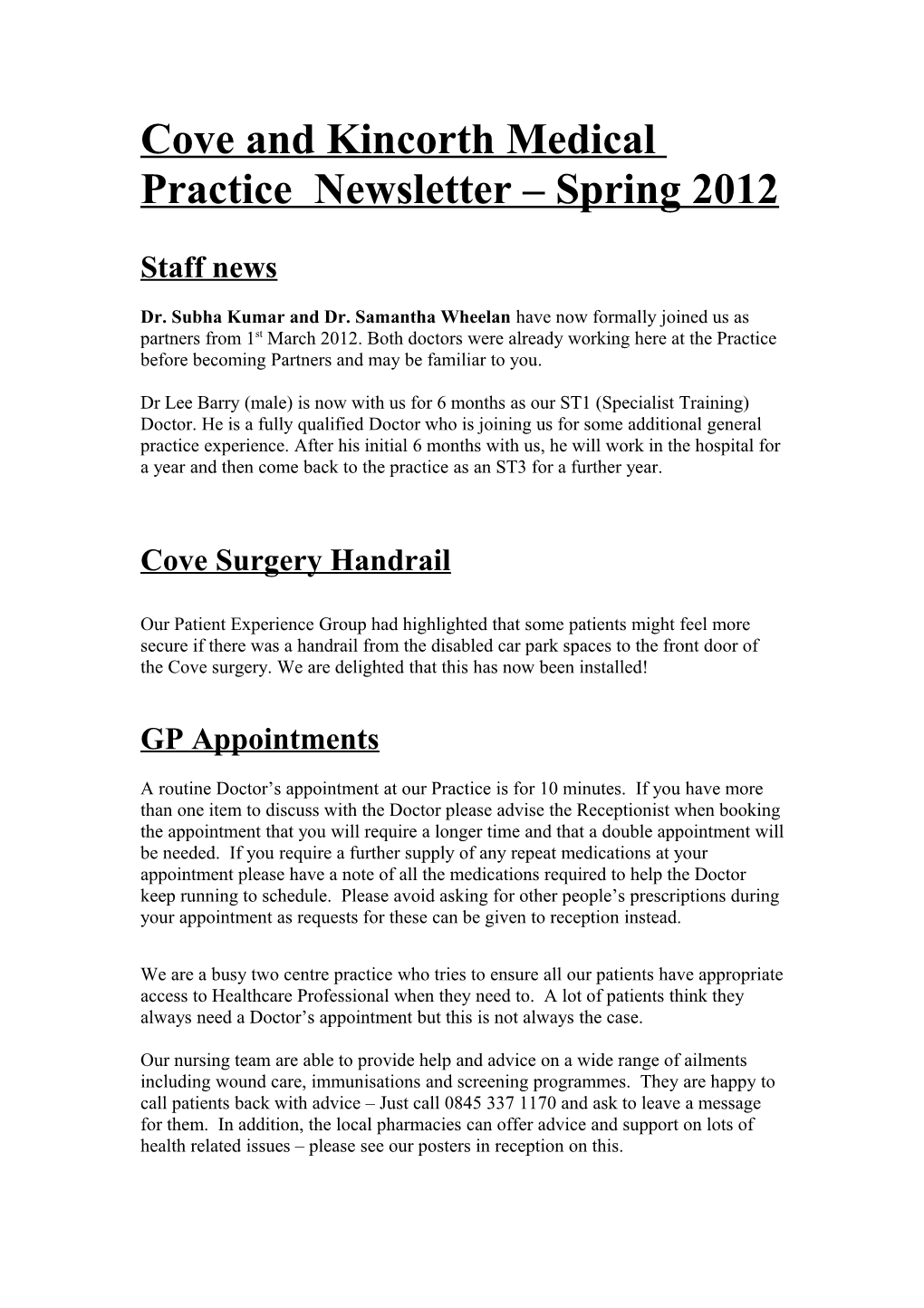 Cove and Kincorth Medical Practice Newsletter Spring 2012