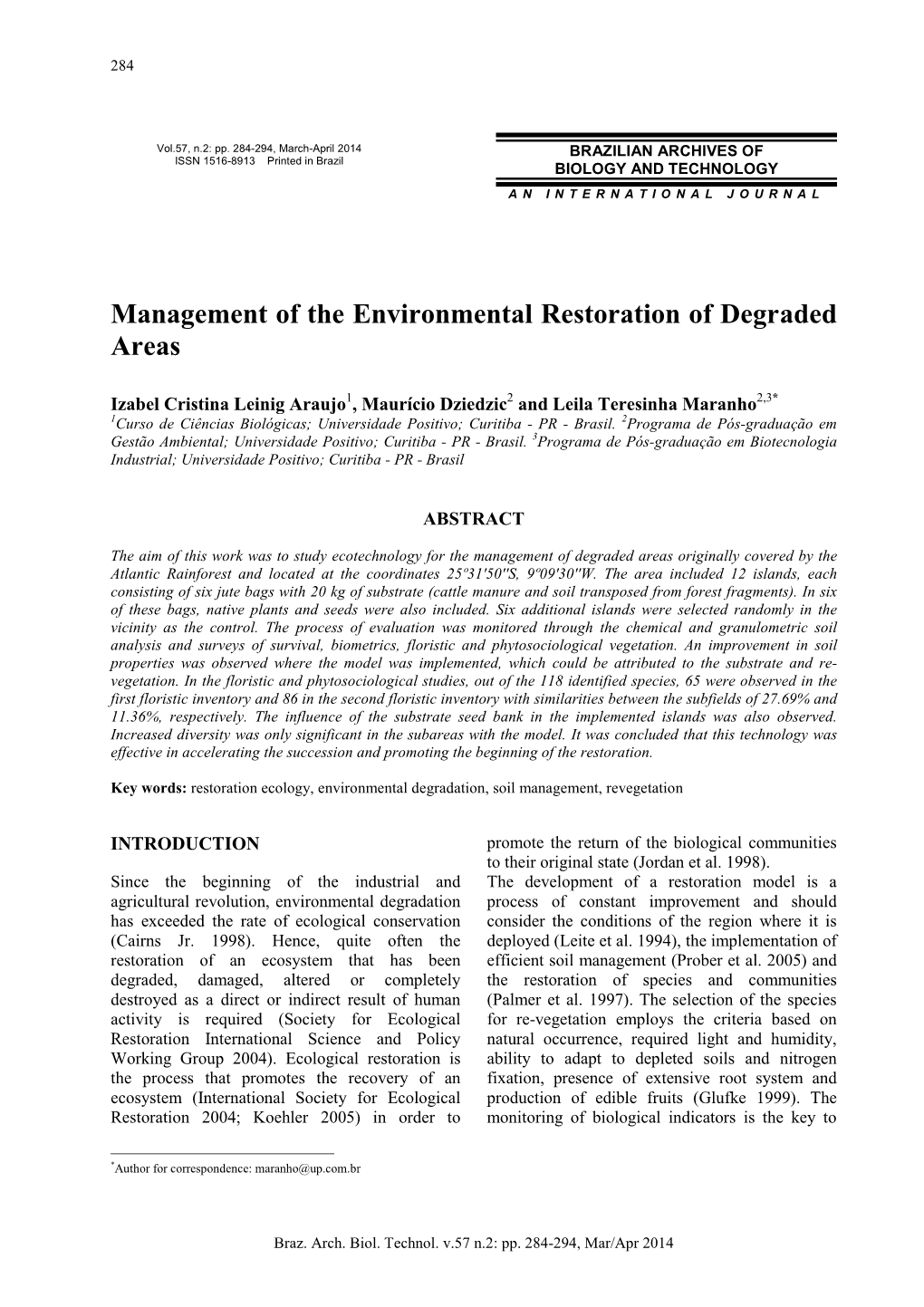 Management of the Environmental Restoration of Degraded Areas