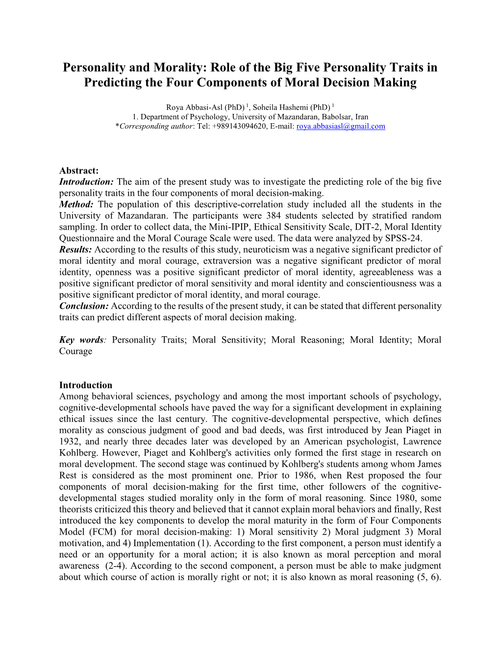 Role of the Big Five Personality Traits in Predicting the Four Components of Moral Decision Making