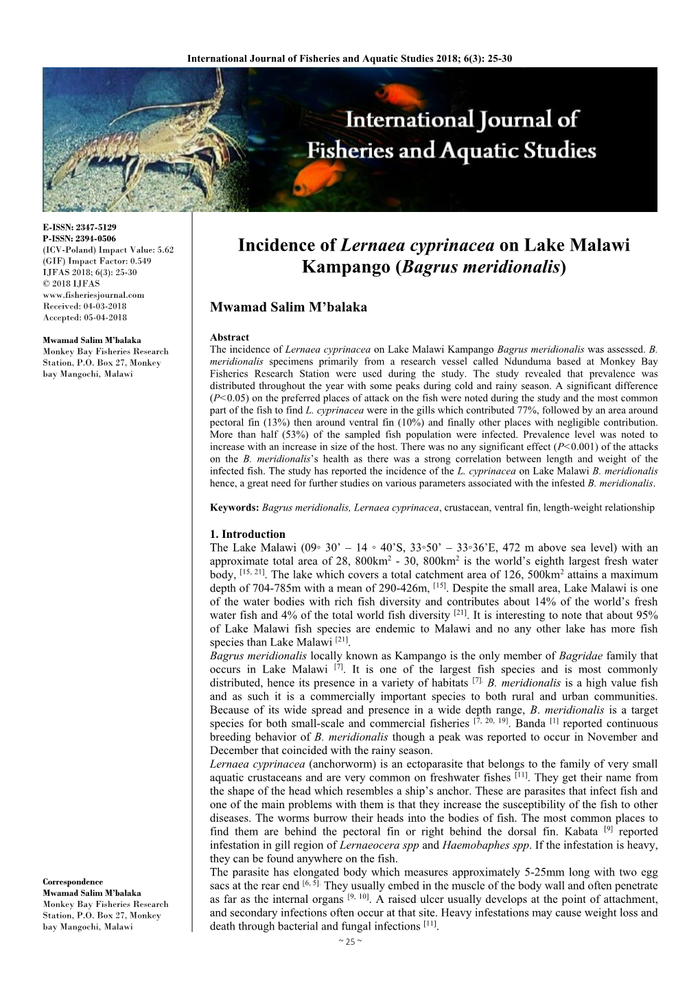 Incidence of Lernaea Cyprinacea on Lake Malawi Kampango (Bagrus