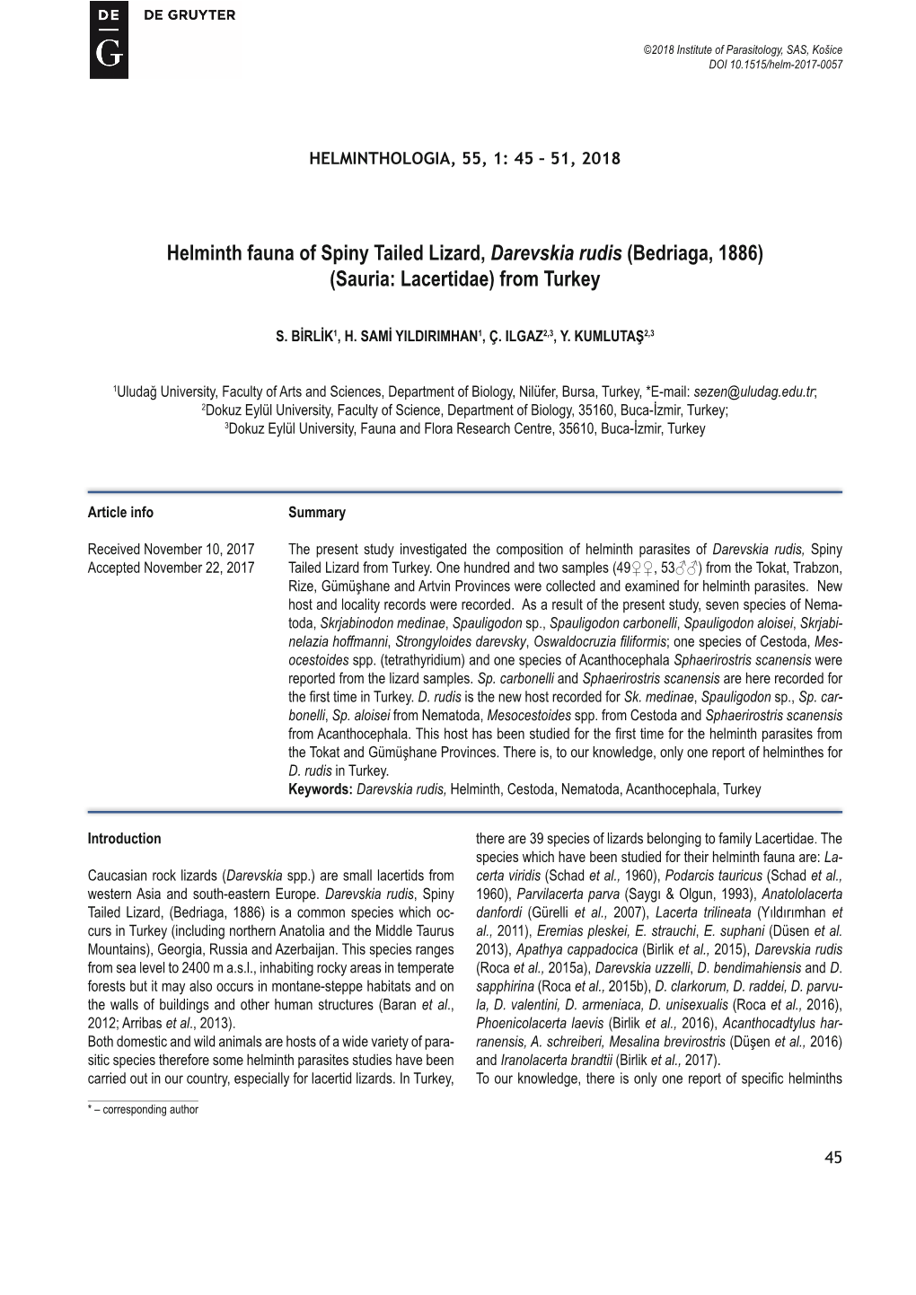 Helminth Fauna of Spiny Tailed Lizard, Darevskia Rudis (Bedriaga, 1886) (Sauria: Lacertidae) from Turkey