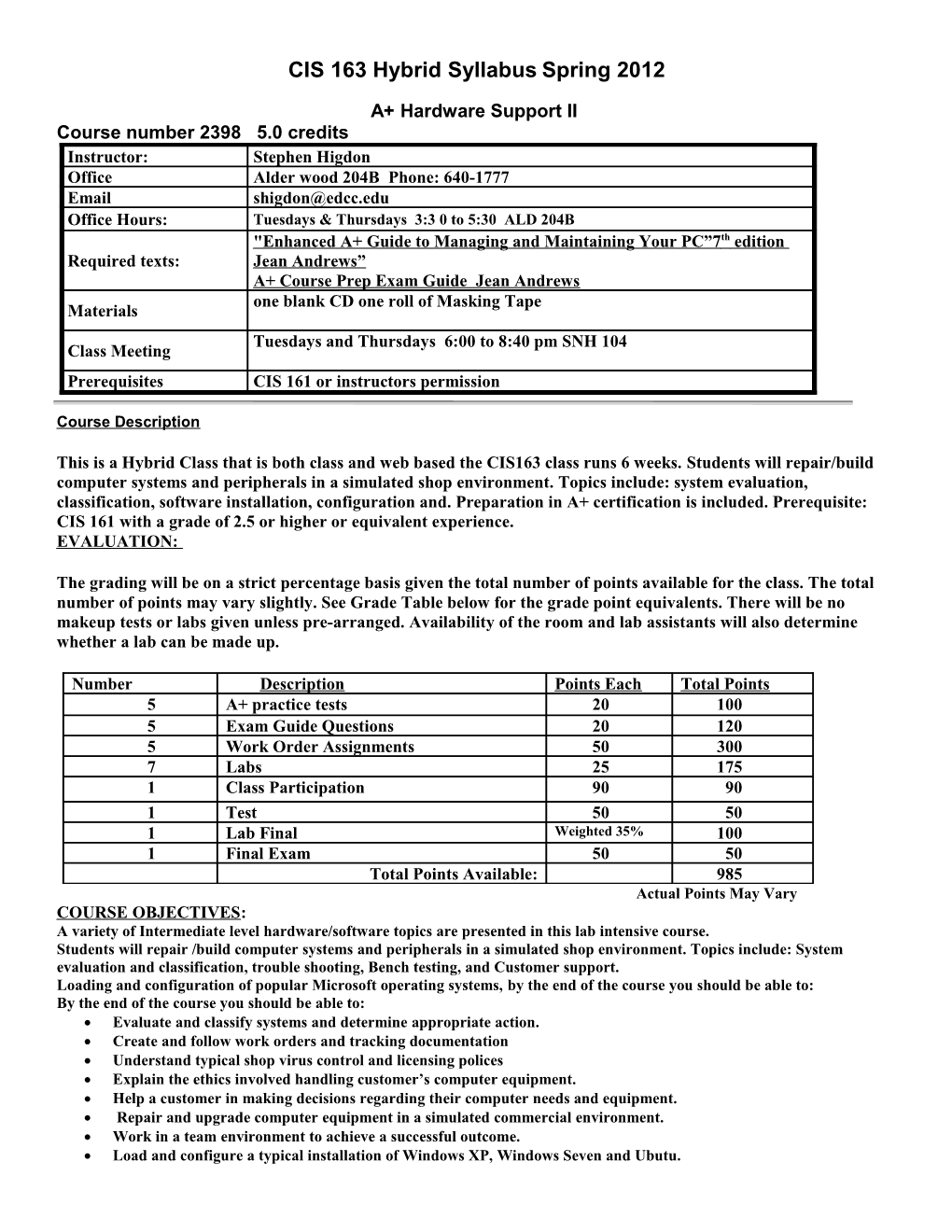 CIS 163 Hybrid Syllabus Spring 2012