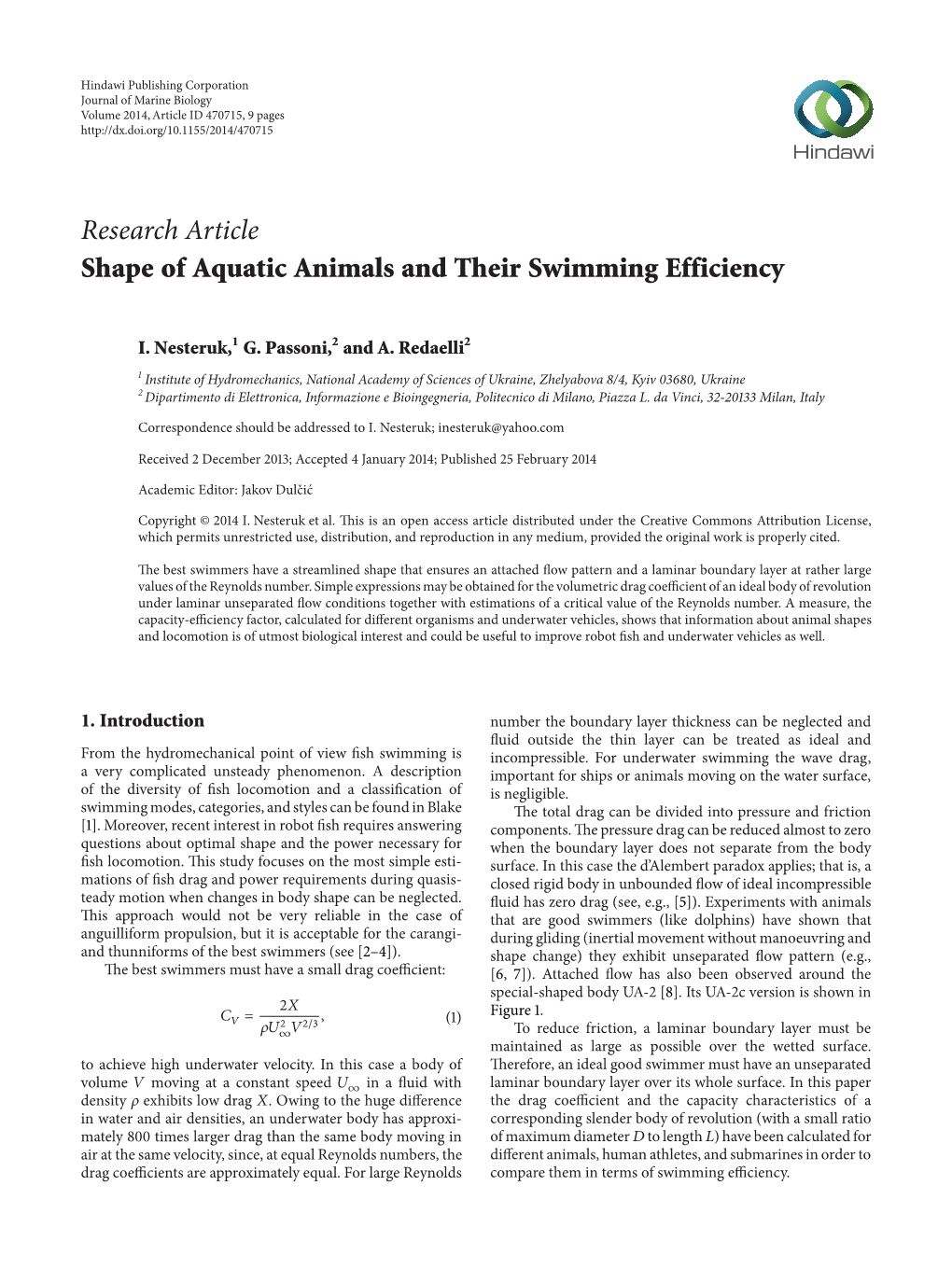 Research Article Shape of Aquatic Animals and Their Swimming Efficiency