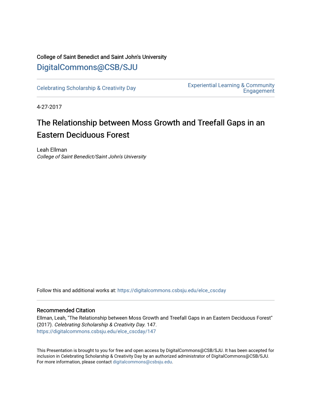 The Relationship Between Moss Growth and Treefall Gaps in an Eastern Deciduous Forest