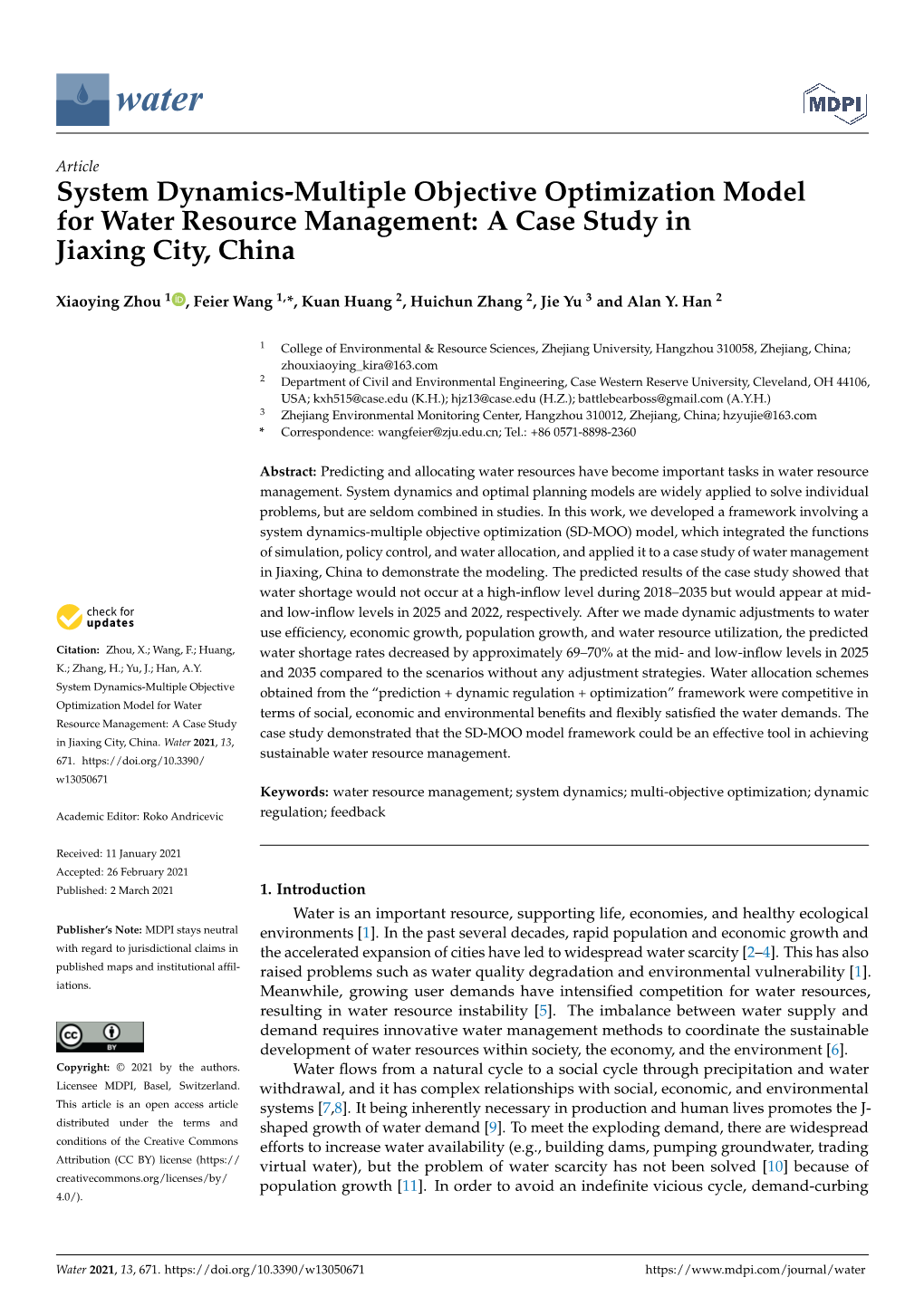 System Dynamics-Multiple Objective Optimization Model for Water Resource Management: a Case Study in Jiaxing City, China