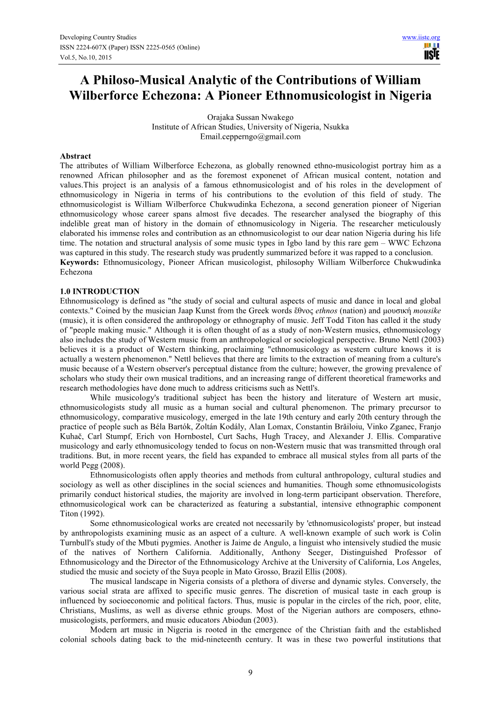 A Philoso-Musical Analytic of the Contributions of William Wilberforce Echezona: a Pioneer Ethnomusicologist in Nigeria