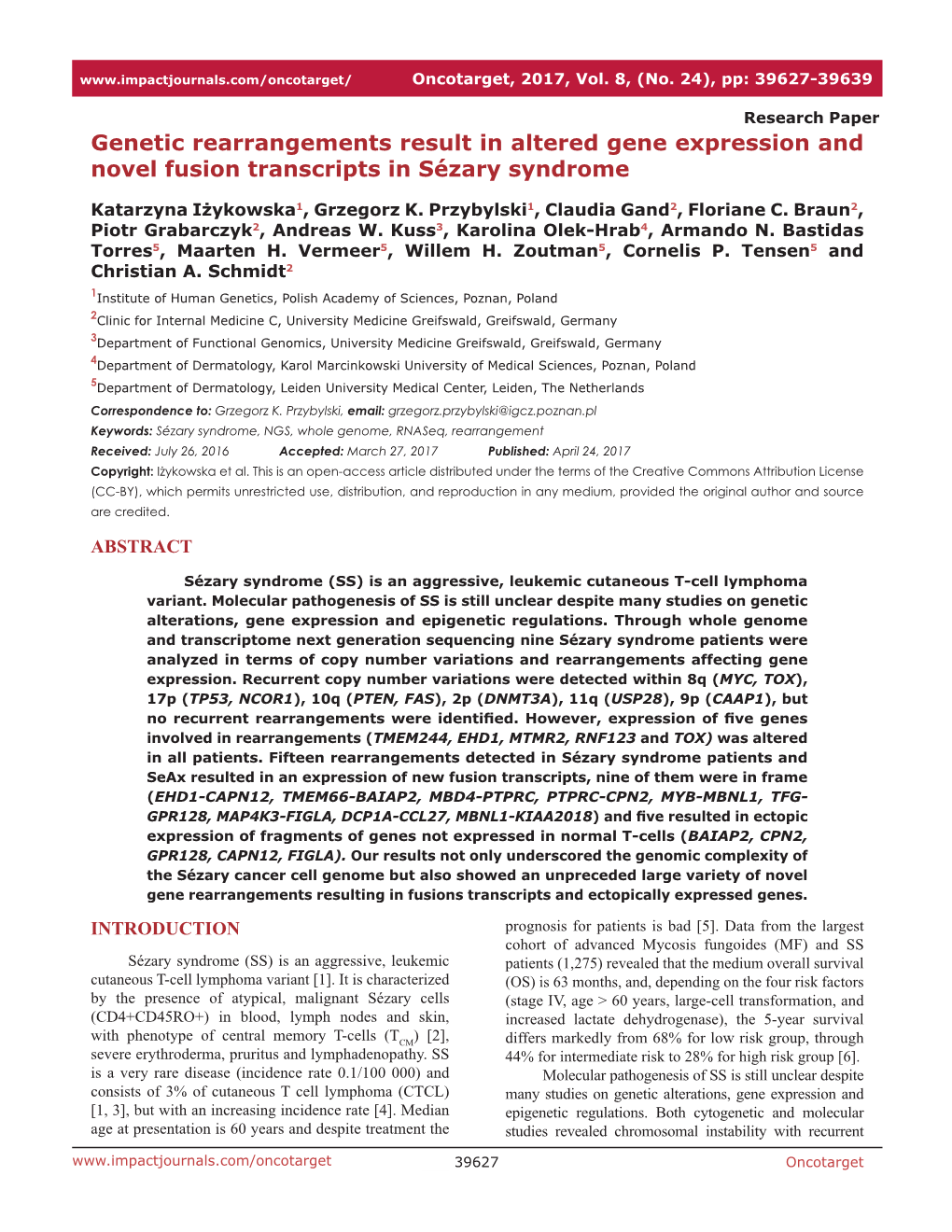 Genetic Rearrangements Result in Altered Gene Expression and Novel Fusion Transcripts in Sézary Syndrome