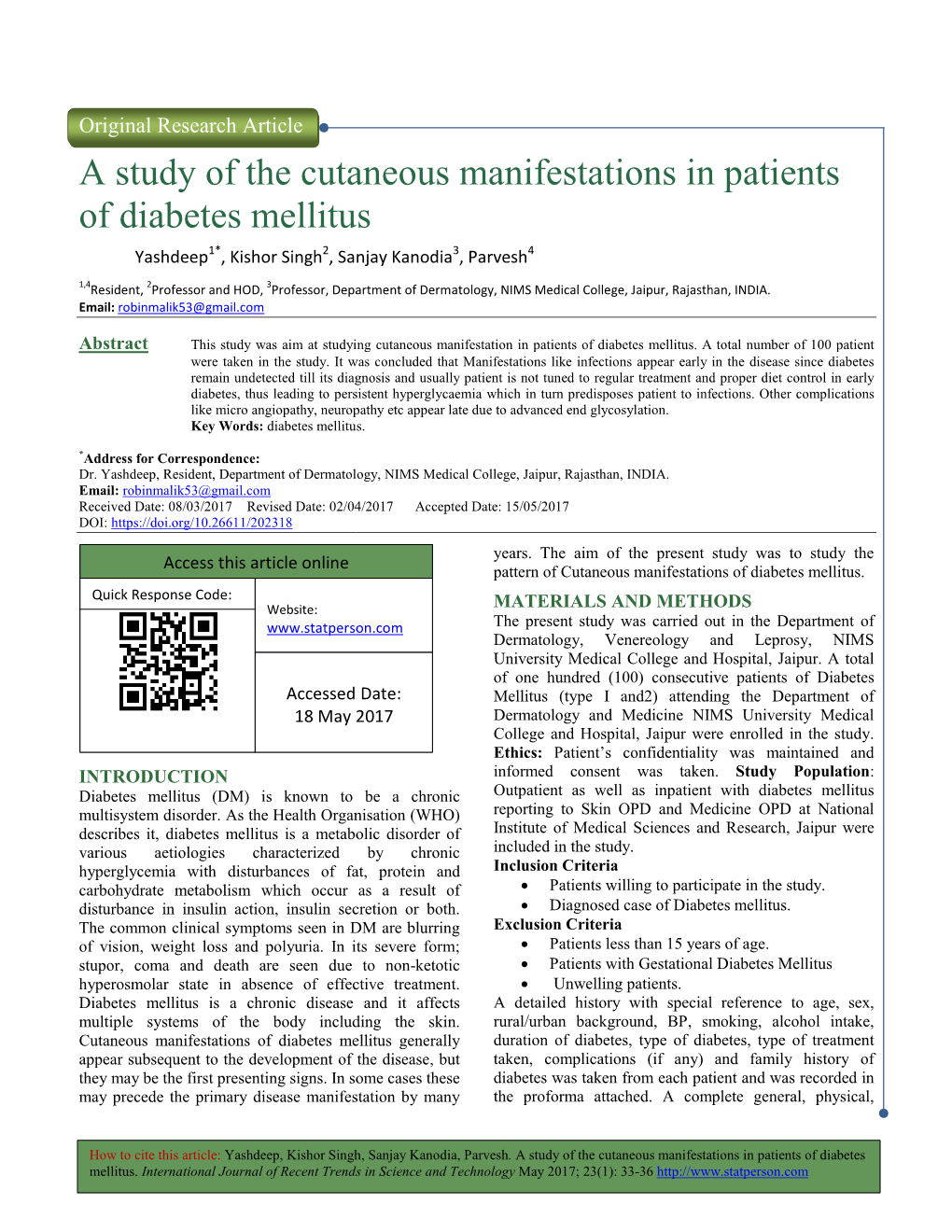 A Study of the Cutaneous Manif of Diabetes Mellitus Y of the Cutaneous