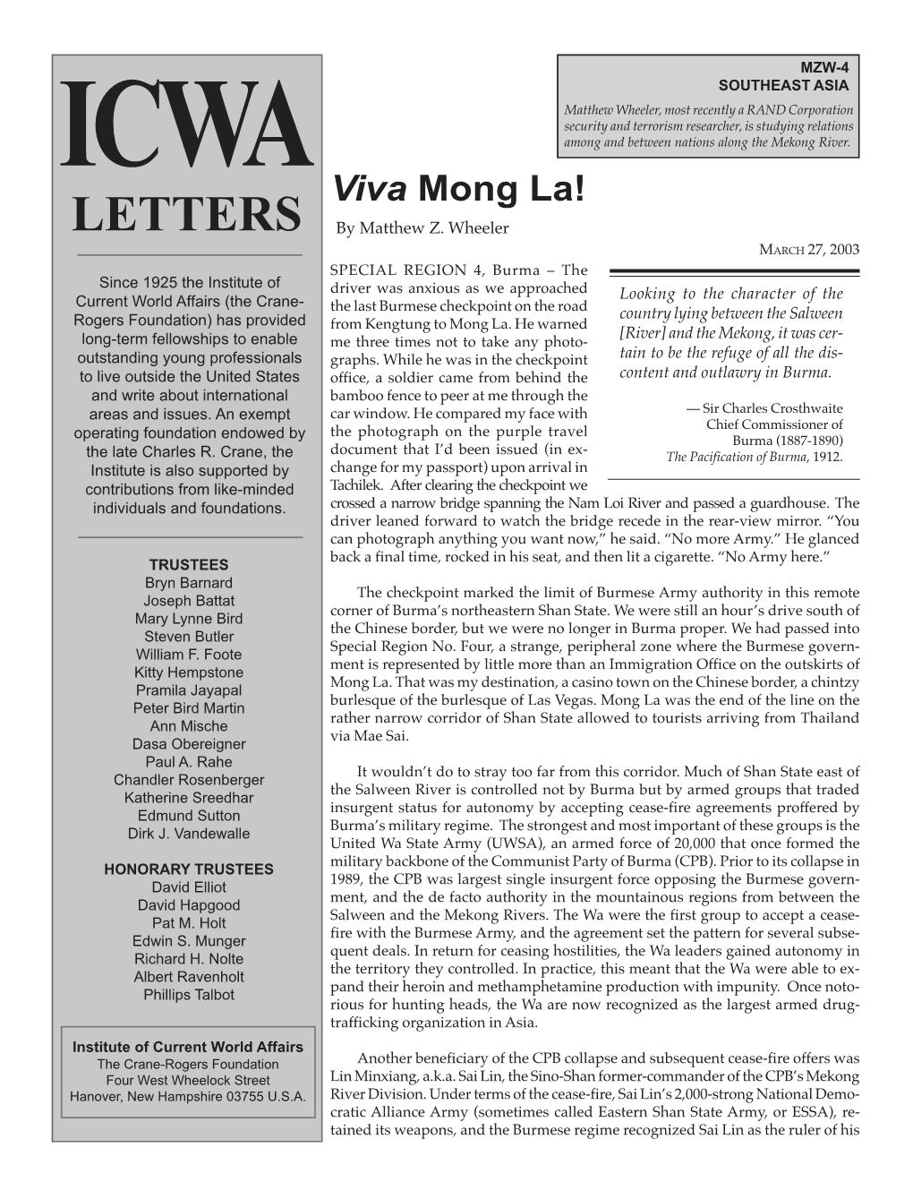 Viva Mong La! LETTERS by Matthew Z