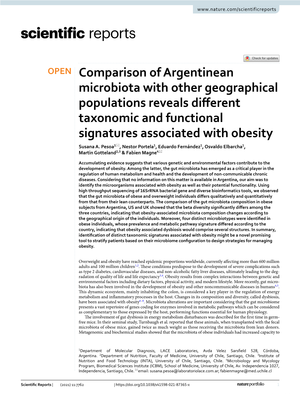 Comparison of Argentinean Microbiota with Other Geographical Populations Reveals Different Taxonomic and Functional Signatures Associated with Obesity