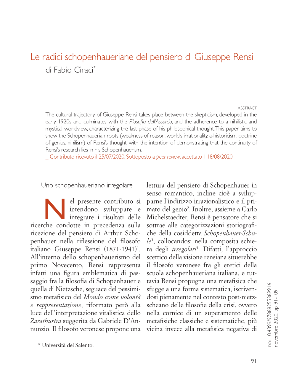 Le Radici Schopenhaueriane Del Pensiero Di Giuseppe Rensi Di Fabio Ciracì*