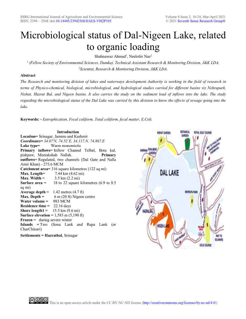 Microbiological Status of Dal-Nigeen Lake, Related to Organic Loading