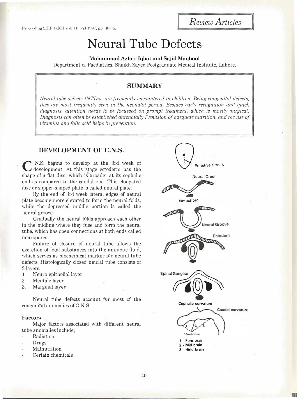 Neural Tube Defects Mohammad Azhar Iqbal and Sajid Maqbool Department of Paediatrics, Shaikh Zayed Postgraduate Medical Institute, Lahore