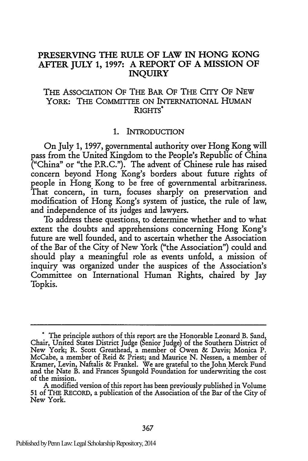 Preserving the Rule of Law in Hong Kong After July 1, 1997: a Report of a Mission of Inquiry