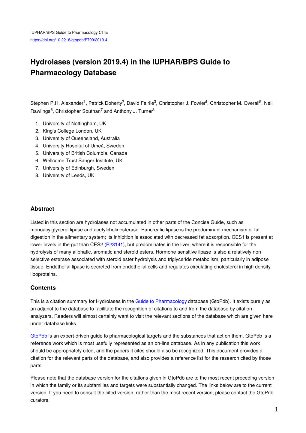 Hydrolases (Version 2019.4) in the IUPHAR/BPS Guide to Pharmacology Database