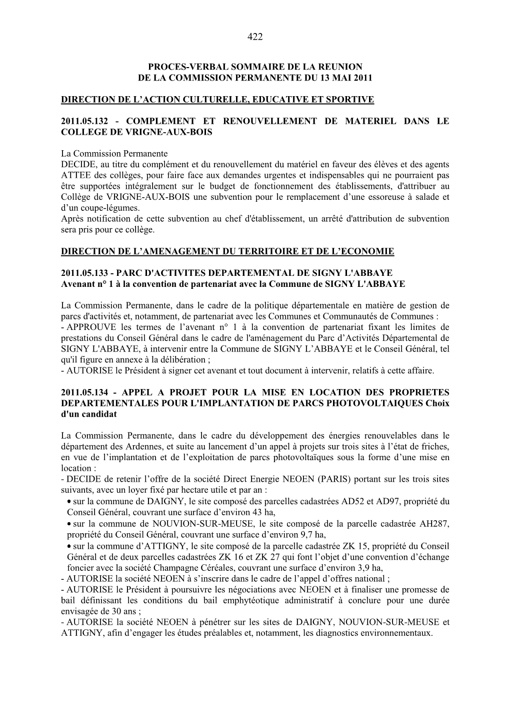 Proces-Verbal Sommaire De La Reunion De La Commission Permanente Du 13 Mai 2011