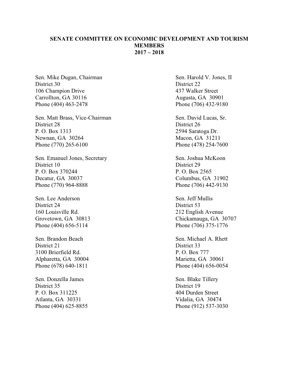 Senate Committee on Economic Development and Tourism Members 2017 – 2018