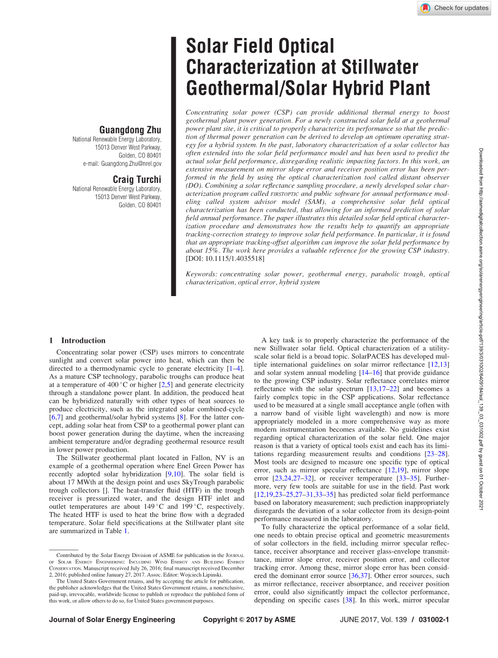 Solar Field Optical Characterization at Stillwater Geothermal/Solar Hybrid Plant