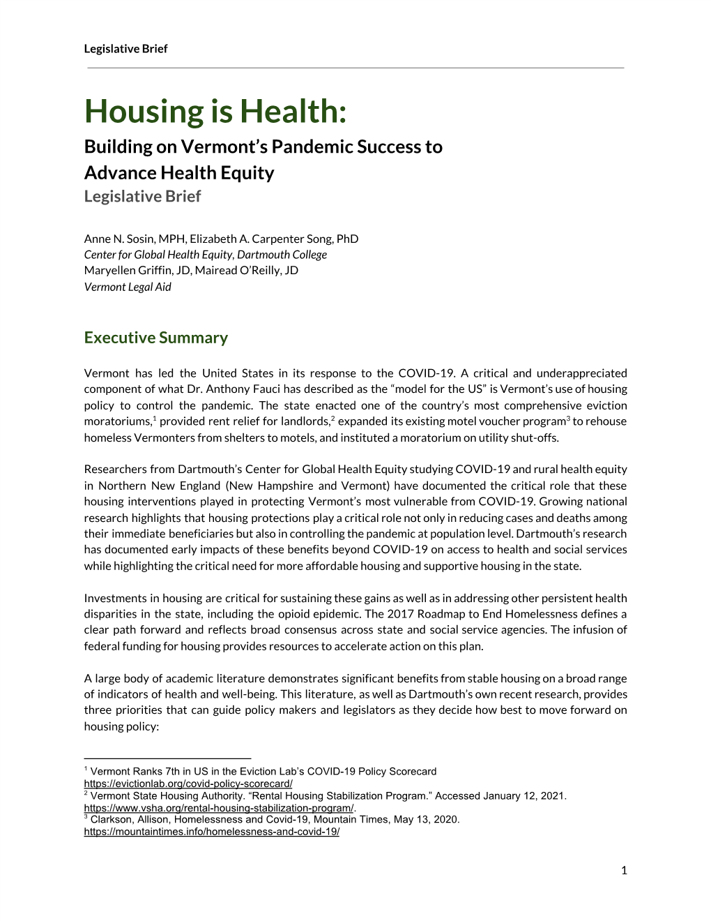 Housing Is Health Legislative Brief