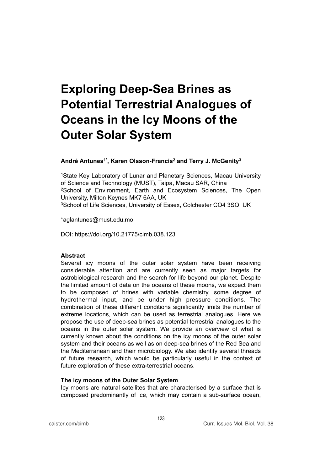 Exploring Deep-Sea Brines As Potential Terrestrial Analogues of Oceans in the Icy Moons of the Outer Solar System