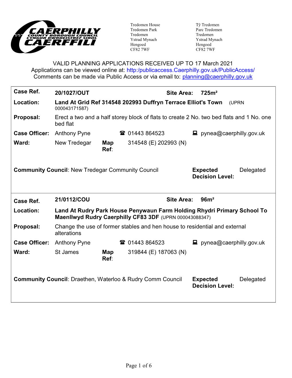 Page 1 of 6 VALID PLANNING APPLICATIONS RECEIVED up TO