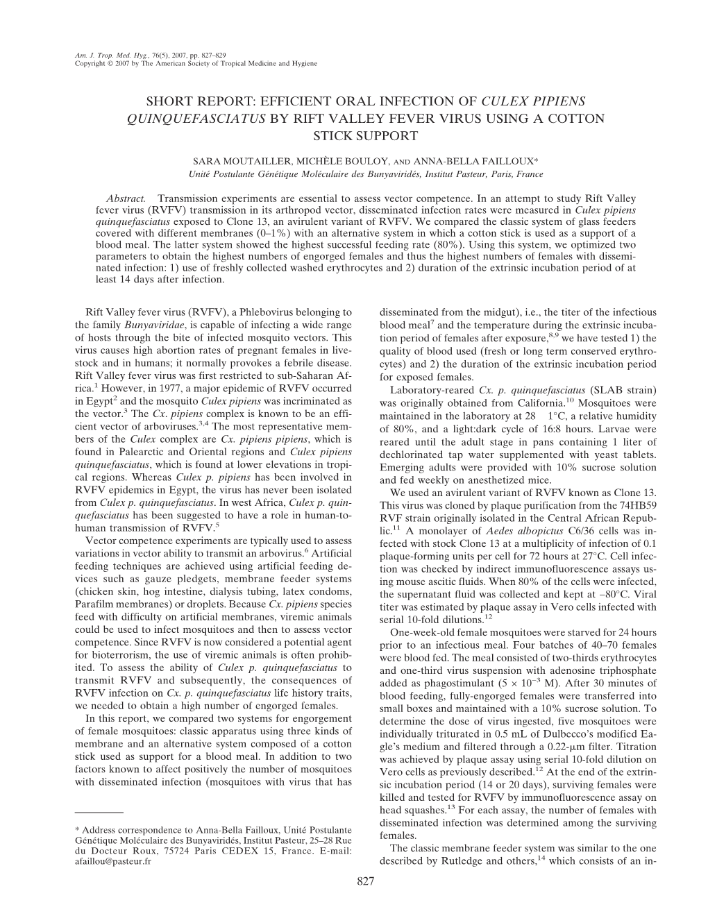 Short Report: Efficient Oral Infection of Culex Pipiens Quinquefasciatus by Rift Valley Fever Virus Using a Cotton Stick Support