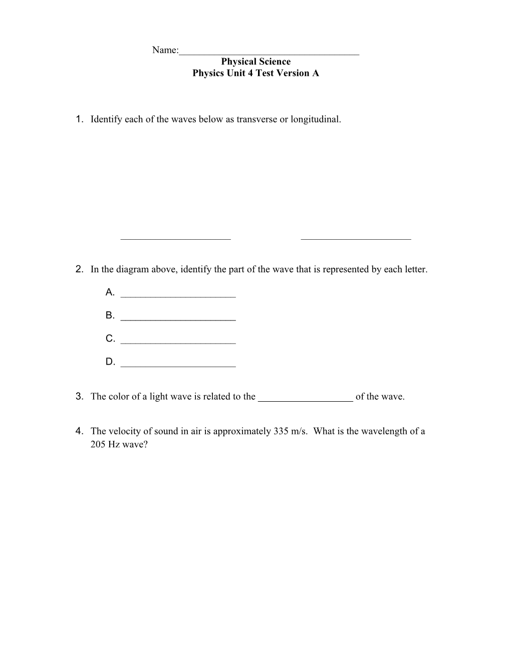 Physics Unit 4 Test Version A