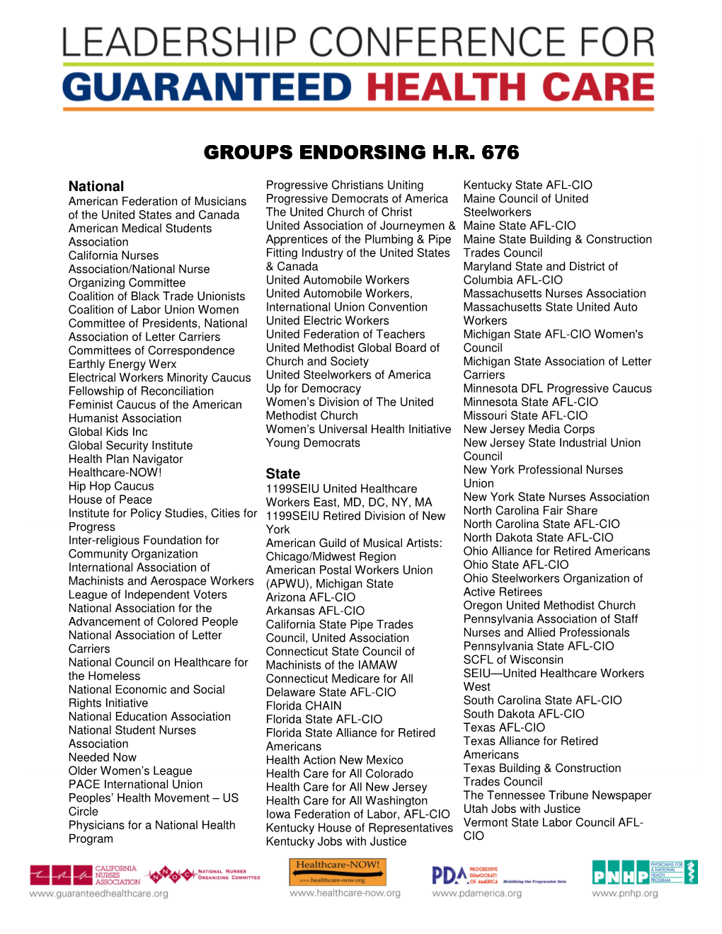 Groups Endorsing H.R. 676 Groups