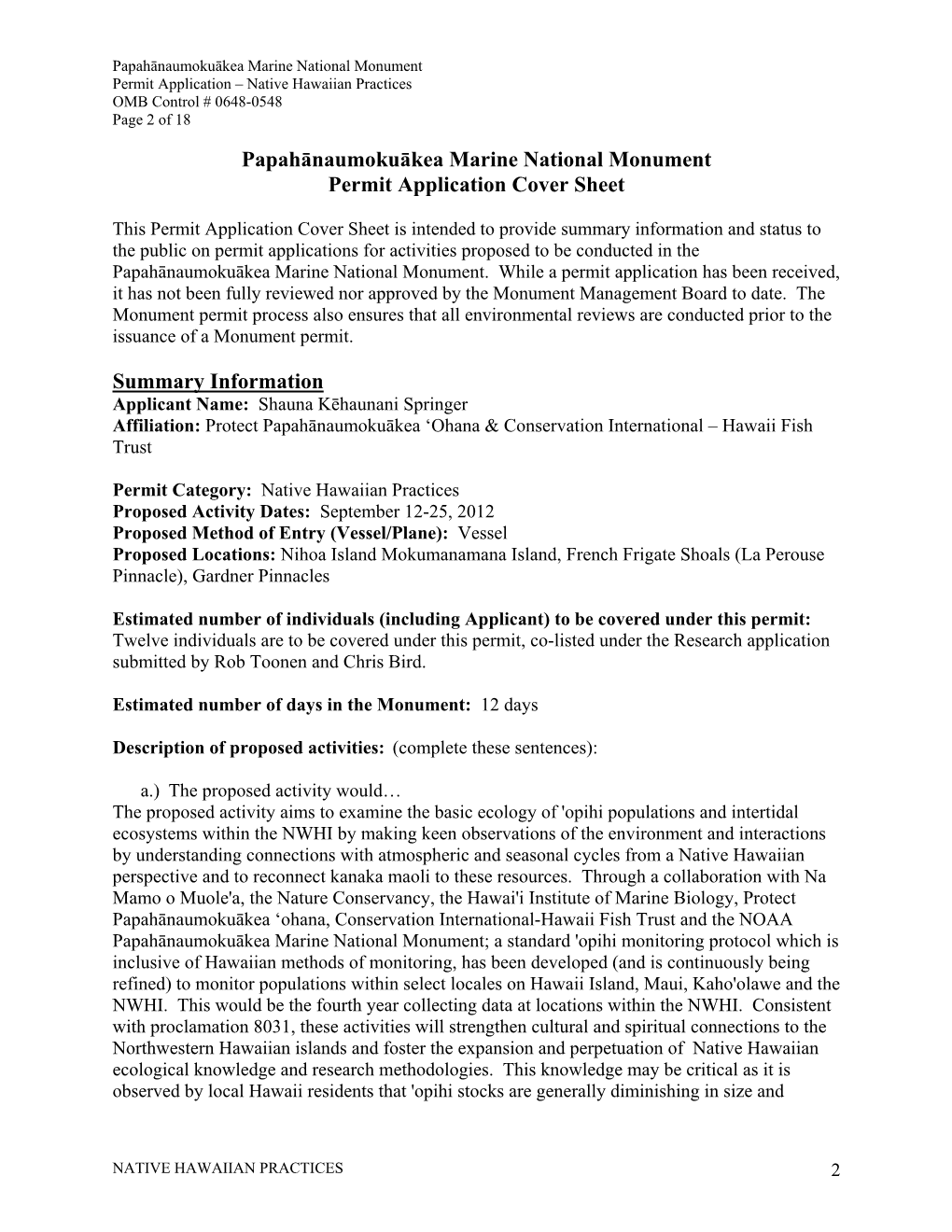 Papahānaumokuākea Marine National Monument Permit Application – Native Hawaiian Practices OMB Control # 0648-0548 Page 2 of 18