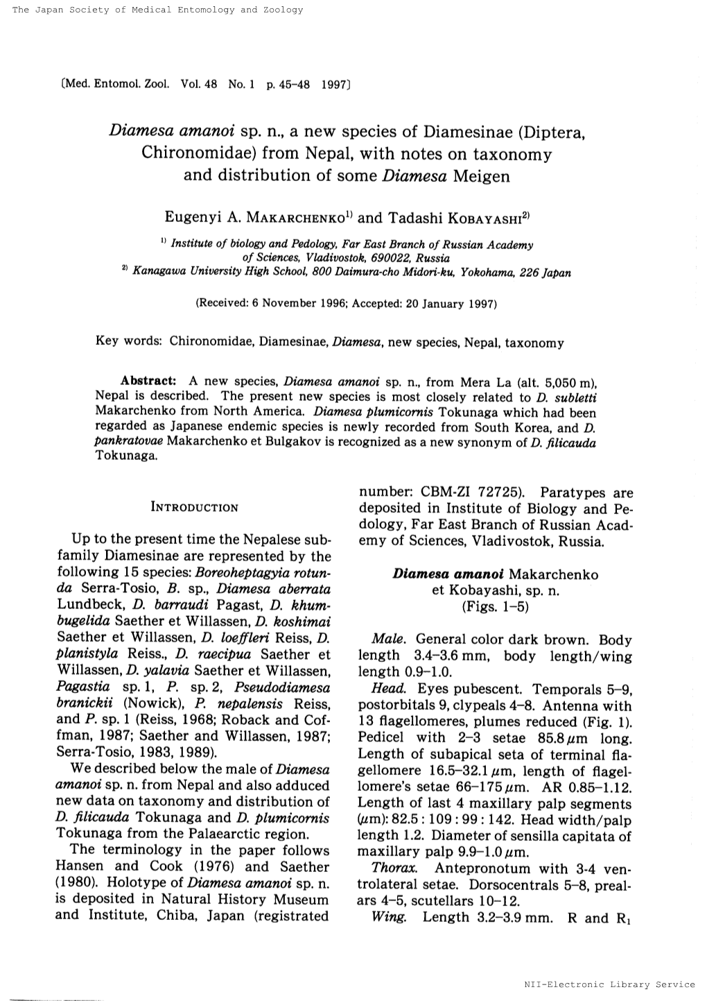 Of Diamesinae (Diptera, Chironomidae) from Nepal,With on Taxonomy Distributionof Some Diamesa Meigen and P. Sp, 1 (Reiss,1968;Ro