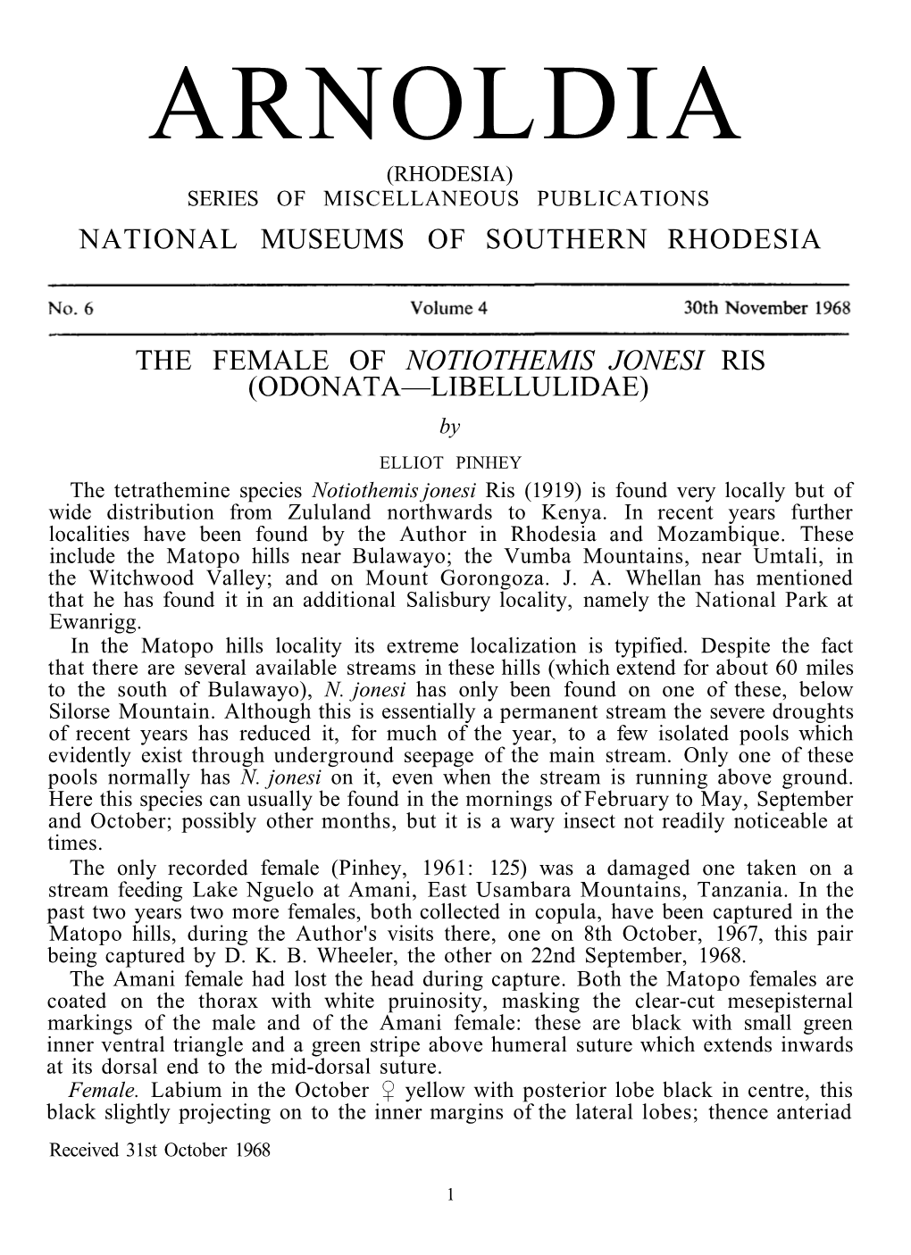 Arnoldia (Rhodesia) Series of Miscellaneous Publications National Museums of Southern Rhodesia